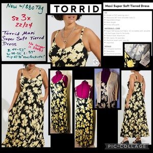 $80 ⭐️ NEW Sz 3x 22/24 Torrid Super Soft Tiered Maxi Dress Black Yellow Pockets